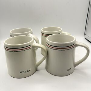 Christmas Hearth & Hand Magnolia MERRY JOY Stoneware Mugs Stripe Rim - Set Of 4